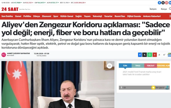 Prezident İlham Əliyevin Zəngəzur dəhlizi ilə bağlı fikirləri Türkiyə mediasının diqqət mərkəzindədir