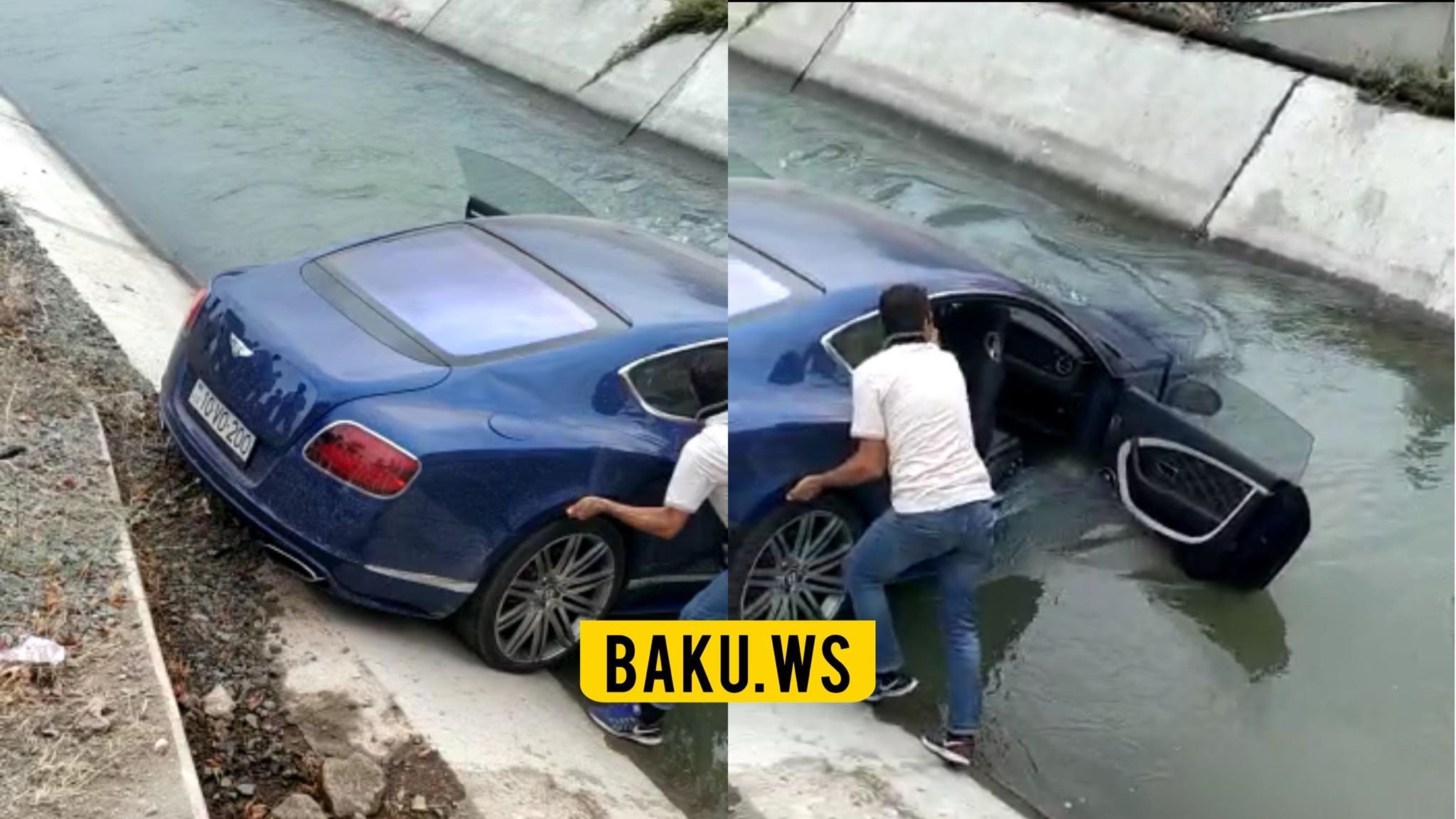 Azərbaycanda "Bentley Continental" su kanalına düşdü - VİDEO