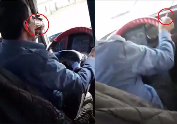 Bakıda sürücü avtobusda istirahət edir: Çay, telefon, siqaret - VİDEO