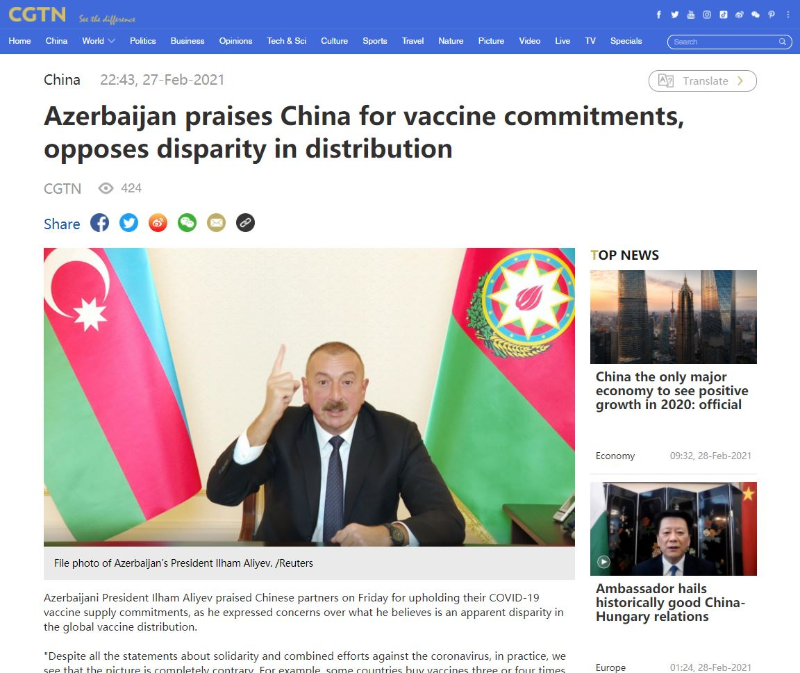 Çin KİV-ləri Azərbaycan Prezidentinin vaksin məsələsi barədə fikirlərindən yazıb - FOTO