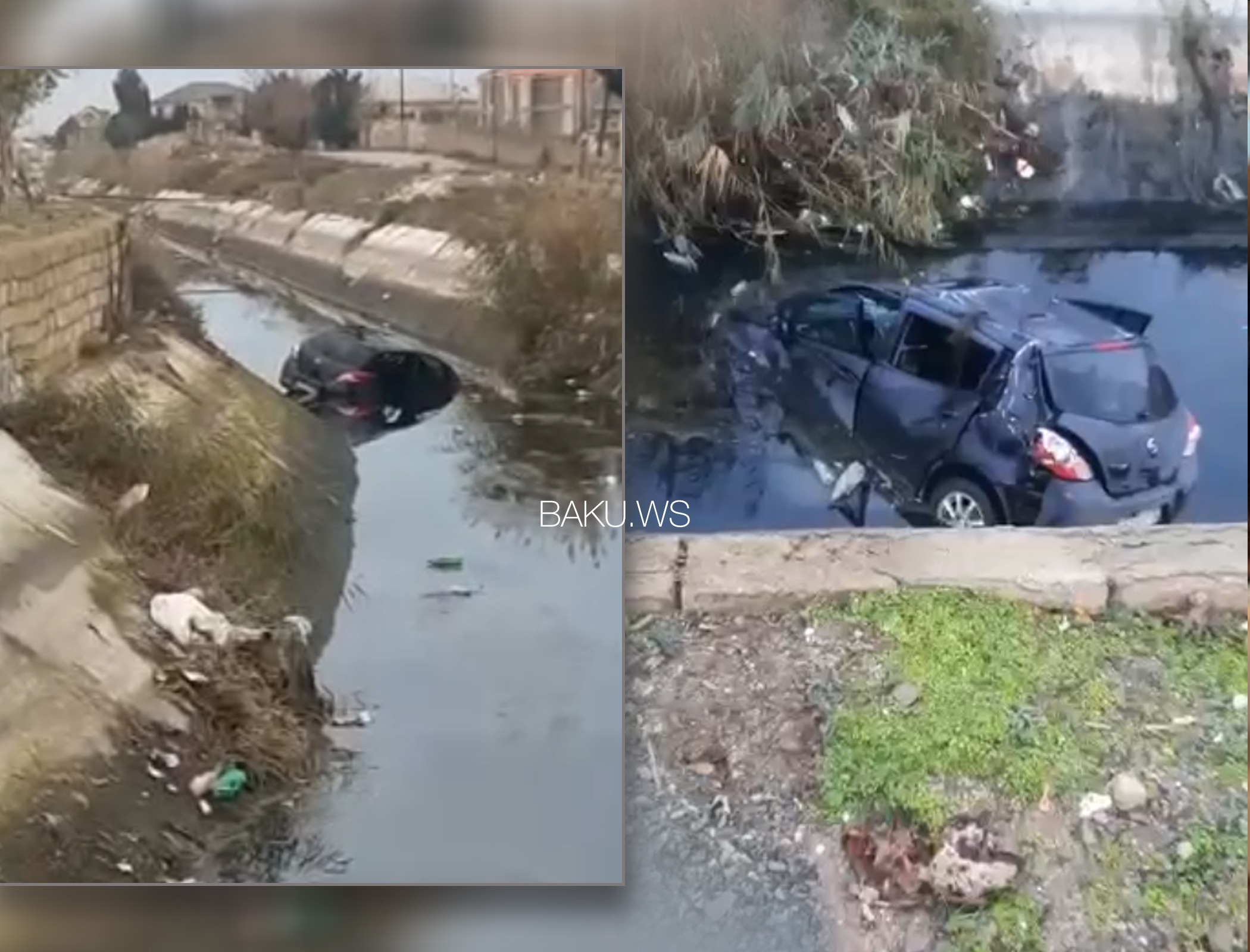 Xanım sürücünün idarə etdiyi avtomobil kanala düşdü - VİDEO
